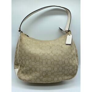 Coach Y2K Khaki White Jacquard Leather Fabric Trim Hobo Shoulder Tote Bag Retro